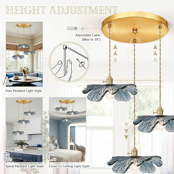 3-Cluster Chandelier Blue Glass Ceiling Pendant Light Fixtures Mid Century Adjustable Gold Brass Chandelier Lighting for Dining Room Living Room Kitchen, E26 Base