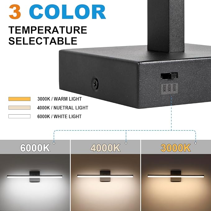 LED Bathroom Vanity Light, Modern Bathroom Light Fixture Over Mirror (3000K/4000K/6000K, Dimmable), Vanity Light Bar with Angle Adjustable, 24 Inch, Black