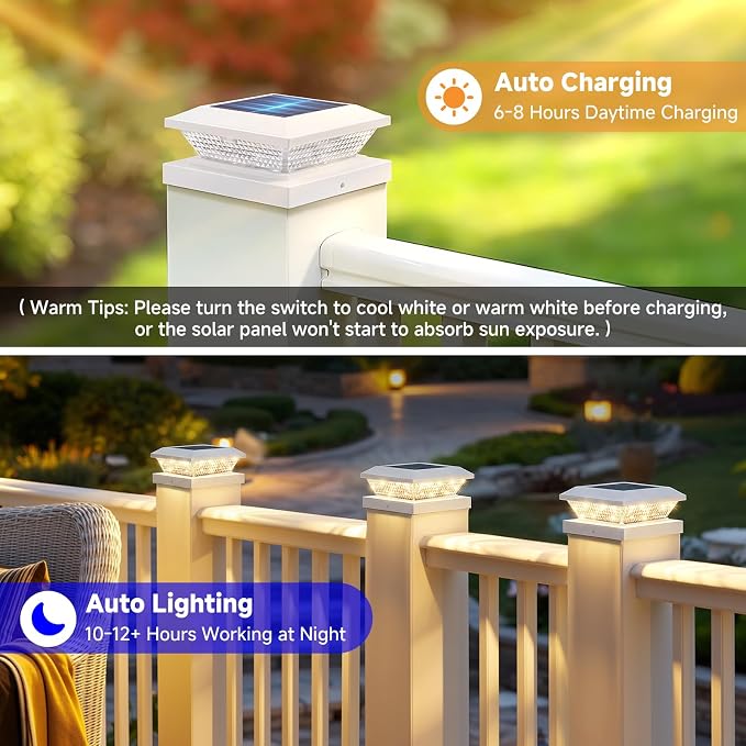 4x4 Solar Post Cap Lights Outdoor 8 Pack, Waterproof Solar Fence Light for Wooden/Vinyl Post, 2 Color Outside Deck Patio Porch Decor, White