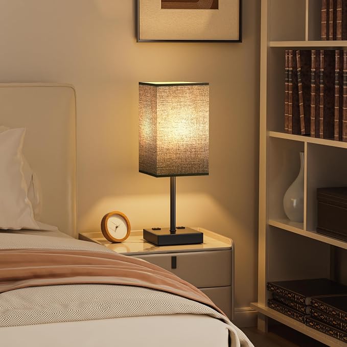 17.4" Black Bedside Table Lamp for Bedroom, Dimmable, USB C+A, 2 AC Outlets | 3-Way Touch Dimming, 3000K Warm White Bulb Included, Nightstand Lamp with Square Linen Shade, Room Decor for Men, Boys, Desk