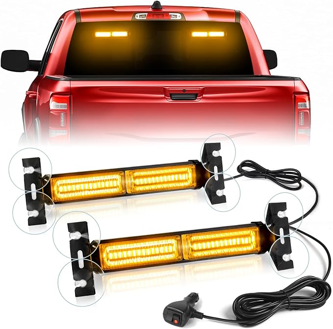 HLauto 1002L Emergency Strobe Traffic Advisor Light Bar: 40LED Dash Safety Warning Flashing Front/Rear Windshield Visor Light for Construction Vehicle, Trucks (2x10.7inch, Amber)
