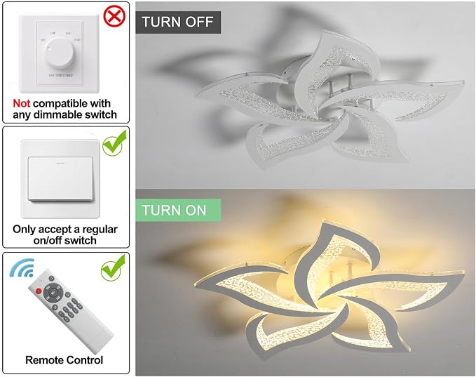 Garwarm 23" Modern Dimmable Flower LED Ceiling Light with Remote, White | Low Profile Flush Mount Ceiling Light Fixture,3000K-6500K with Memory for Bedroom, Living Room, Dining Room, Kitchen, Hallway