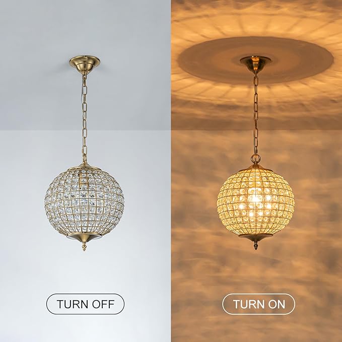 Gold Globe Crystal Chandelier, 12.6" Vintage Sphere Globe Chandelier Pendant Light Small Flush Mount Ceiling Light for Foyer Entryway Hallway Dining Room