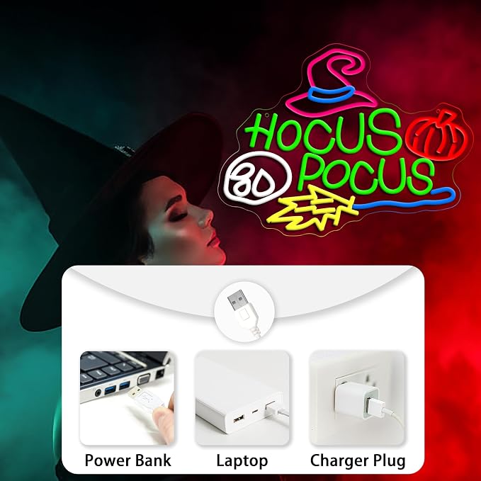 Hocus Pocus Halloween Neon Sign for Wall Decor Mysterious Witch Hat LED Neon Sign Skull Light Up Sign for Bedroom Halloween Decoration Bar Party Gift（16.54 * 12.6in）