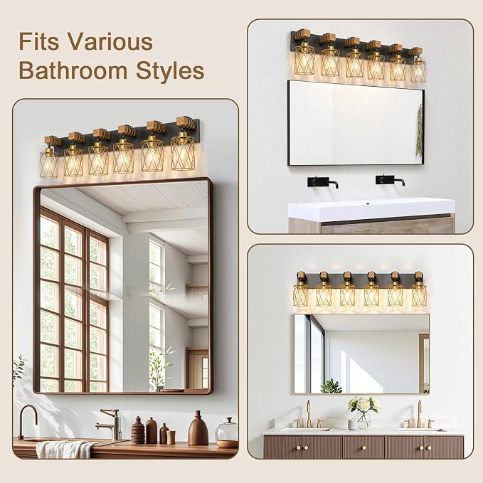 IZORRO Farmhouse Bathroom Vanity Light, 6-Light Wood Bathroom Light Fixtures Over Mirror, Black and Gold Industrial Vanity Lights with Metal Shade, Rustic Restroom Lighting Fixtures