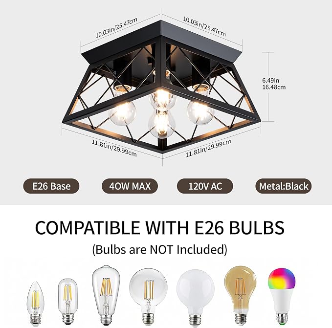Mayful Black Farmhouse Flush Mount Ceiling Light Fixturet, 4-Light Rustic Hallway Light Fixtures, Square Industrial Close to Ceiling Light Fixtures for Kitchen Entryway Foyer, Bulb Not Included