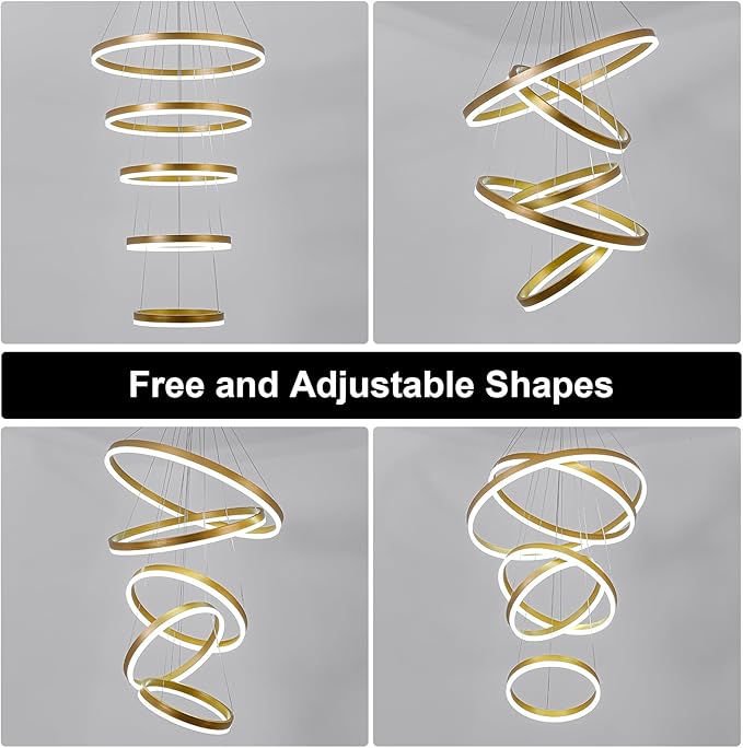 5-Rings Modern LED Chandelier Gold Dimmable High Ceiling Chandelier for Dining Room with Remote Control for Foyer Living Room Entryway Staircase(D23.6’’, 3000K-6500K)
