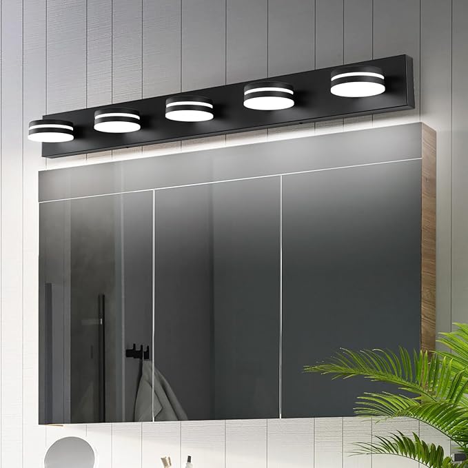 5-Light Bathroom Vanity Light, Modern LED Bathroom Light Fixture Over Mirror, Matte Black Bath Wall Lighting, Dimmable 5500K Vanity Lighting Fixture with 360°Rotable Head
