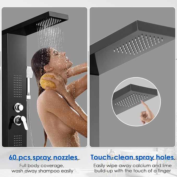 ROVOGO Shower Panel Tower System with 4 Shower Modes, 46.5", No Led Lights | Rainfall Shower Head, 2 Body Jets, Handheld and Tub Spout, Stainless Steel Shower Column with Brass Mixing Valve, Black