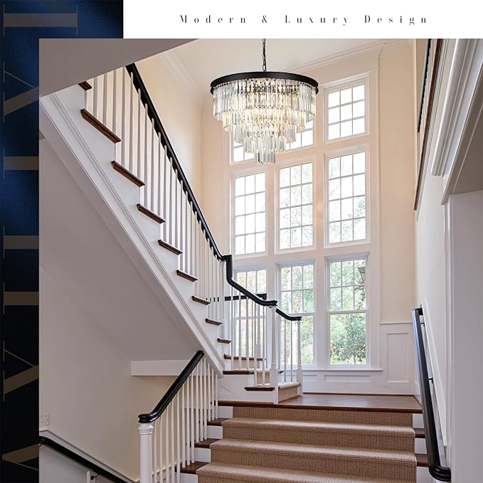 Large Crystal Chandelier Modern Black 30" Round Chandeliers for Staircase K9 5-Tier Large Ceiling Pendant Light Fixtures Luxury Chandelier for High Ceiling Foyer Living Room Bedroom