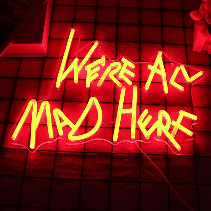 We're All Mad Here Neon Signs/ 14 * 12 Inch/Alice In Wonderland Party Decor, Mad Hatter Tea Party Neon Lights with Diimer Switch for Bedroom Bar Home Dorm Birthday Gifts