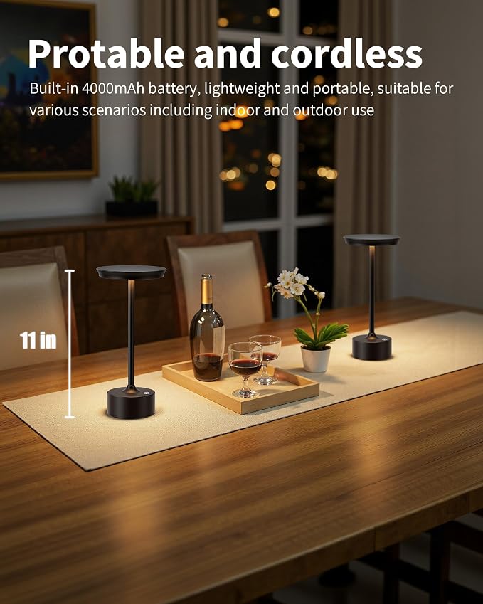 PUSU Rechargeable Table Lamps Set of 2, Black Cordless Portable Desk Lamp | 4000mAh Battery, Stepless Dimming & 3 Color 2700K-6000K, LED Lamp for Bedroom, Living Room, Restaurant, Outdoor, Night Light