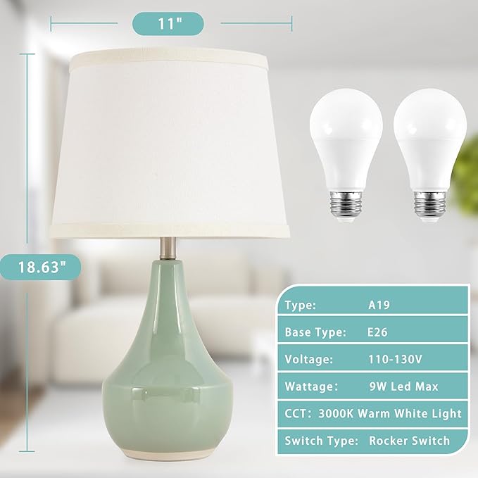 GyroVu 18" Table Lamp Set of 2, Ceramic Table Lamp Classic Beside Lamps Nightstand Lamp Modern Lamp for Living Room, Bedroom & Office Rocker Swtich Sage Green-LED Bulbs Included
