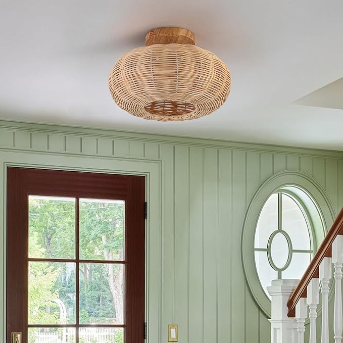 Rattan Ceiling Light Fixtures,Boho Chandelier Small Flush Mount Ceiling Light,12'' Handwoven Ceiling Lamps,Wooden Rattan Lampshade,Rustic Boho Ceiling Light for Bedroom,Hallway,Nursery,Farmhouse