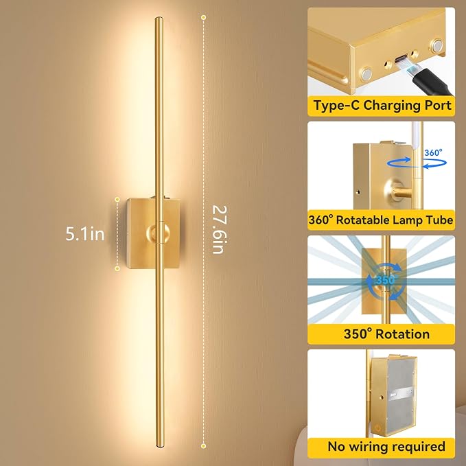 Battery Operated Wall Sconces Set of 2, 10000mAh Wireless Rechargeable 3000-6000K Dimmable 350° Rotate Wall Light with Remote for Living Room, Bedroom 27.6in Gold