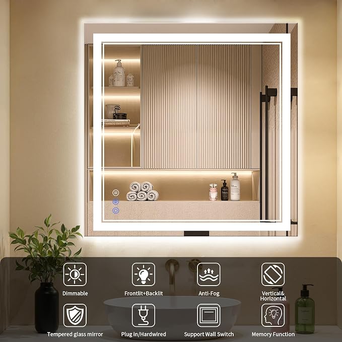 30"x30" LED Bathroom Mirror with Lights, Anti-Fog, Backlit + Front Lit, Dimmable, Led Vanity Mirror for Wall, Lighted Bathroom Mirror,3 Colors, Shatter-Proof Tempered Glass