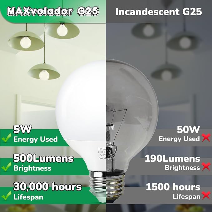 MAXvolador G25 LED Globe Light Bulbs Neutral White 4000K, Round Vanity Light Bulb 60W Equivalent, E26 Base Bathroom Mirror Light Bulbs, 500LM, Non-Dimmable, 8-Pack