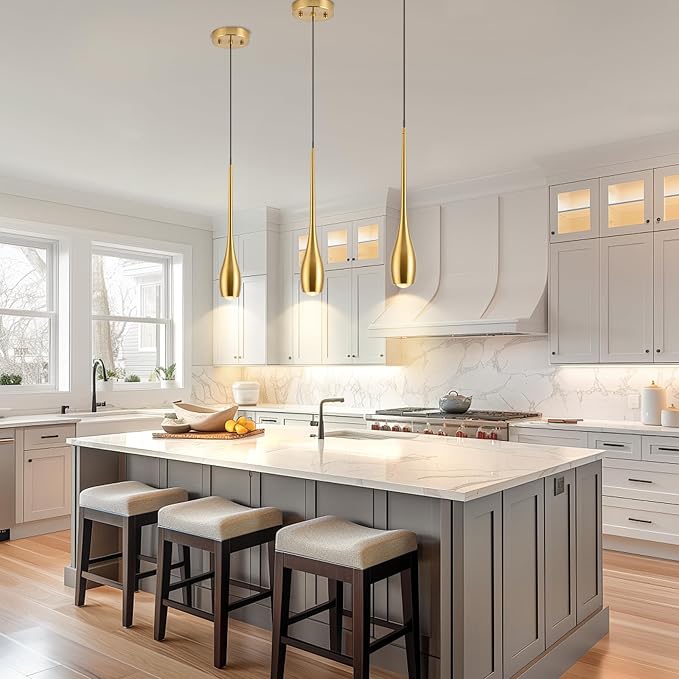 Gold Pendant Light, Modern Pendant Lights Kitchen Island, LED Hanging Light Fixtures for Dining Room Hallway Bedroom 2 Pack 3000K