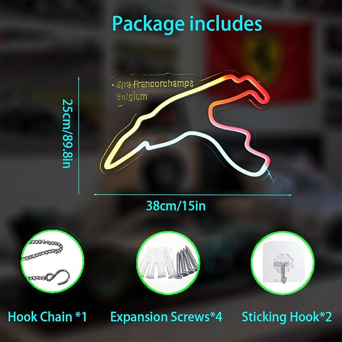 Spa-Francorchamps Neon Sign - Formula 1 Racing Decor | USB LED Sign, Easy Hanging Kit, Vibrant Wall Decor, Gaming Rooms & Garage, Motorsport-Themed Bars