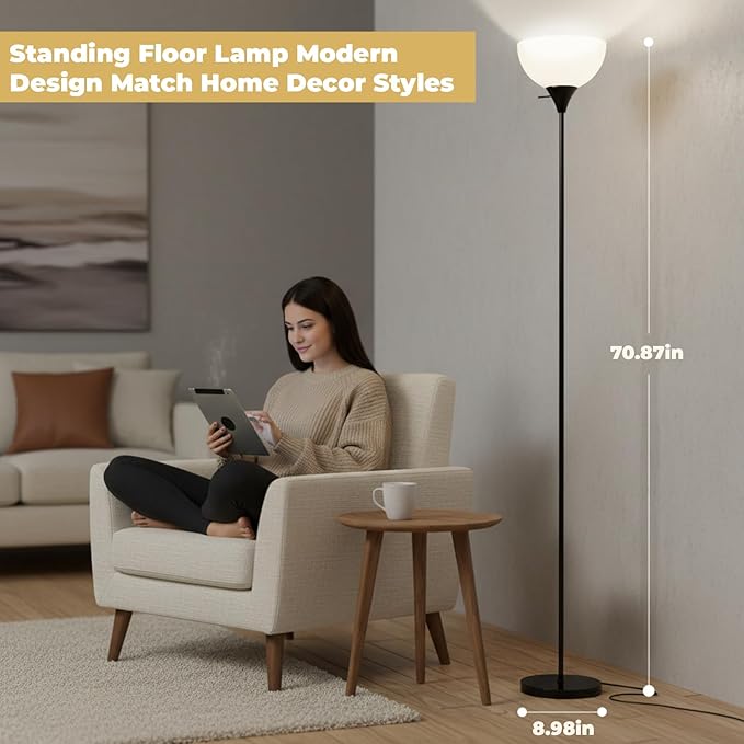LALISU Floor Lamp, Standing Lamps with White Plastic Shade, Led Floor Lamp Rotary Switch Floor Lamps Modern Industrial Lamp, Tall Lamps for Living Room Bedroom Office Dining Room (All Black)