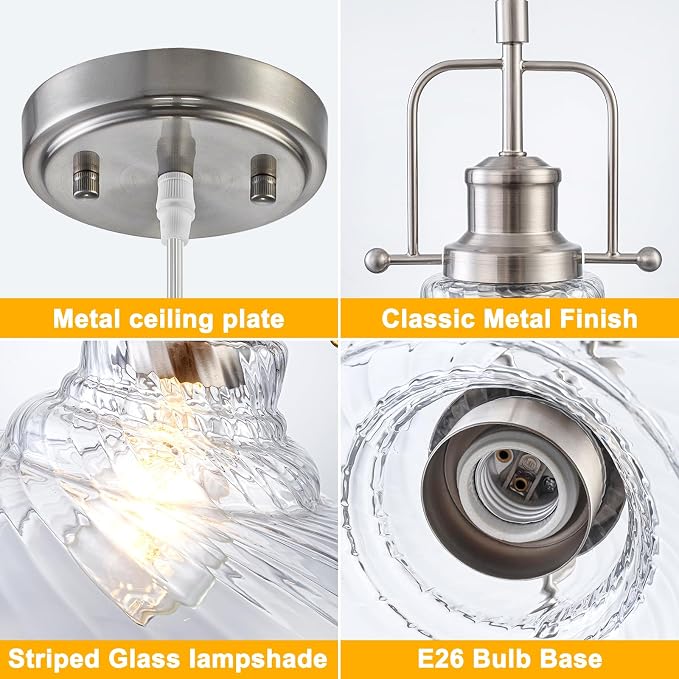 WILON Striped Glass Modern Pendant Light for Kitchen, Brushed Nickel | 11'' Striped Glass Shade, Adjustable Height, E26 Ceramic Socket, 60W MAX, Farmhouse Style for Dining Room Kitchen Over Sink