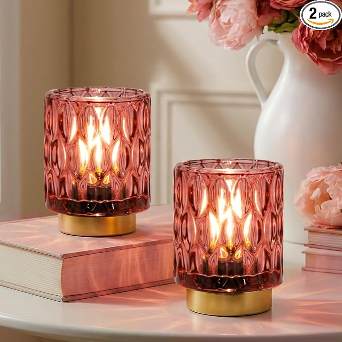 Battery Operated Table Lamp Timer, Small Cordless Lamps Decorative, 2 Pink | Mini Crystal Lamp for Area No Plug, LED Battery Powered Lamps Wireless, Glass Accent Light for Bathroom Fireplace Shelf Decor