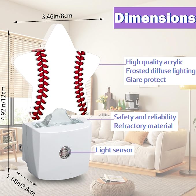 Baseball Night Lights Plug Into Wall,Boys White Dusk to Dawn Light Sensor Night Light for Kids, Energy Efficient Sleep Friendly Lamp for Bedroom Bathroom Nursery