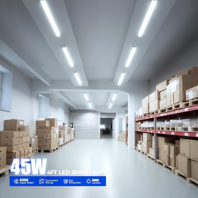 Barrina LED Shop Lights 4FT for Workshop, Garage, 45W 5000LM 6500K, 6 Packs | 4Foot for Warehouse Basement Kitchen and Workbench, Hidden Wiring, Ceiling Mount, with ON/Off, Linkable to 4, Frosted Cover