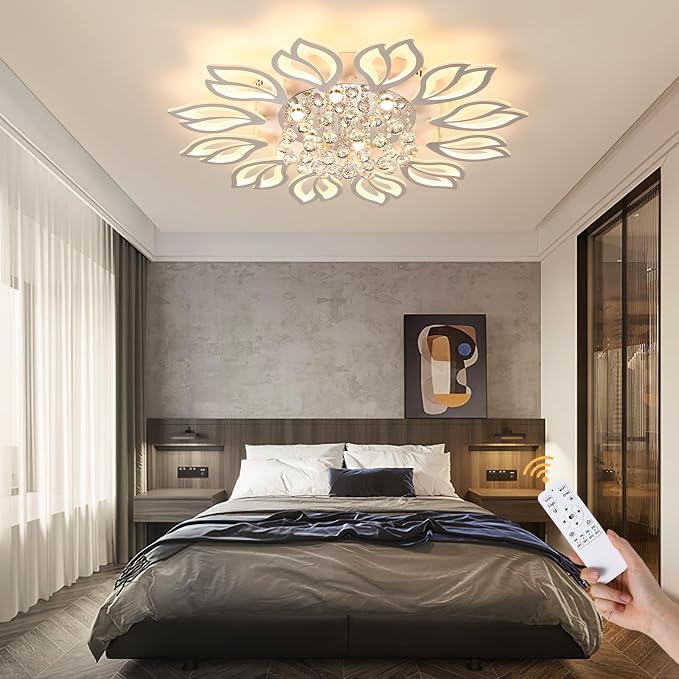 Garwarm 40.7 Inch Modern Crystal Flower LED Ceiling Light with Remote,White | Low-Profile Dimmable Flush Mount Chandelier with Memory for Large Living Room, Bedroom, Dining Room, Kitchen and Office