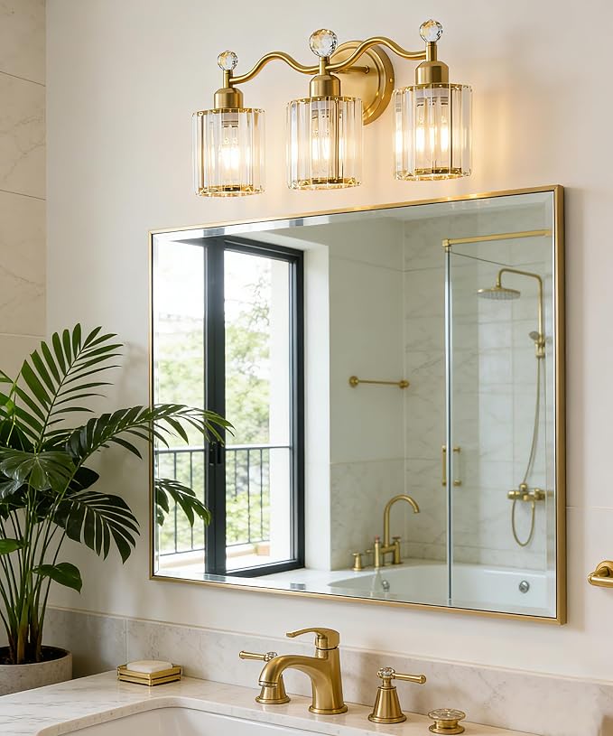 Gold Bathroom Vanity Light Fixtures 3-lights,Crystal Vanity Lights for Bath, Bathroom Lights Fixture with Clear Crystal Glass Shade, Modern Wall Light over Mirror, Wall Sconces Light for Hallway