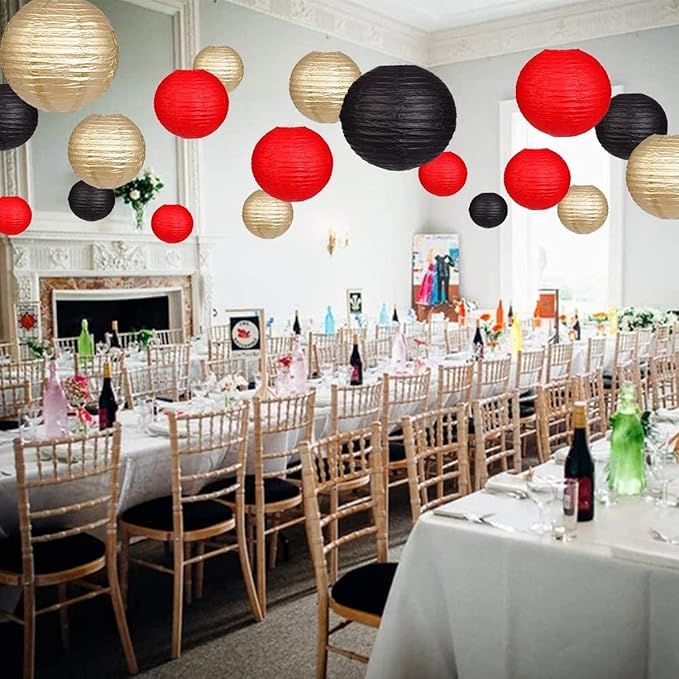 12pcs Black Paper Lanterns with 12pcs White LED Lights, 6" 8" 10" 12" Round Hanging Chinese/Japanese Ball Lantern for Wedding Anniversary Birthday Party Decorations