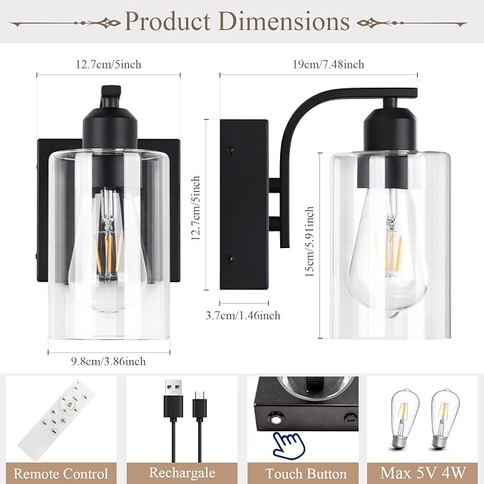 BELS 8 Inch Battery Operated Wall Sconces Set of 2, Farmhouse Wall Lights Fixture with Clear Glass, 4000K, Remote Control, Dimmable, Black Wall Sconces for Mirror, Bathroom, Bedroom