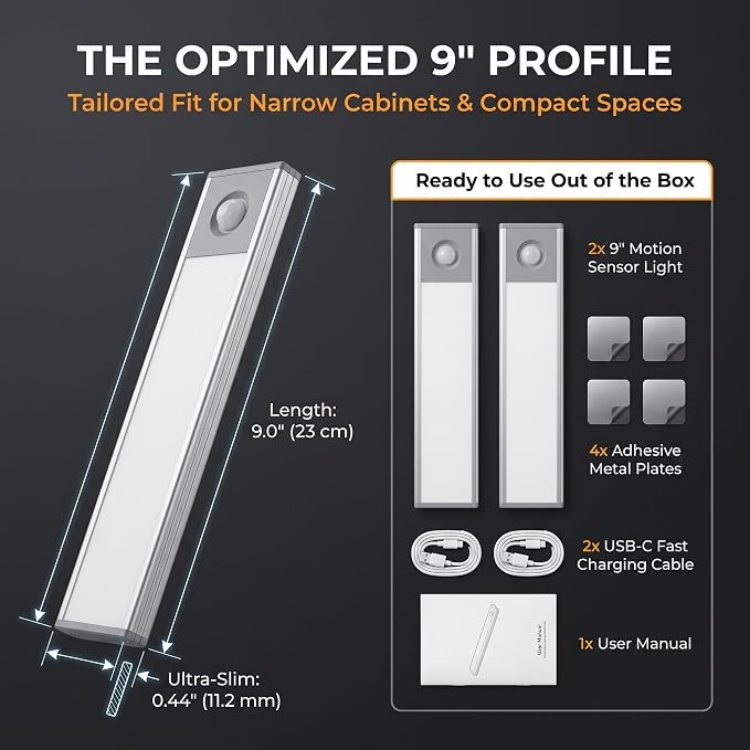 Under Cabinet Lighting, 3500mAh Motion Sensor Light Indoor, 2 Pack | 9 Inch, USB-C Rechargeable, 3H+ Fast Charging, 10s/20s/60s Timer, 5-Level Dimmable, Magnetic, Cool White for Kitchen & Closet
