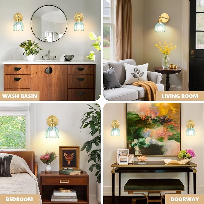 Vintage Battery Operated Wall Sconce, Sky Blue Tulip Glass Lampshade Wireless Rechargeable Battery Powered LED Wall Light with Remote Dimmable for Bedside Bedroom Doorway Living Room, Set of 2