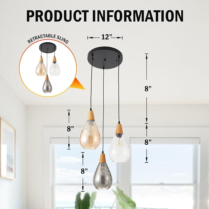 Modern Glass Pendant Light Fixtures, 3 Lights Hammered Glass Pendant Lights, Vintage Cluster Pendant Light in Matte Black Finish, Hanging Lamp for Dining Room Kitchen Sink Foyer Cafe Bar