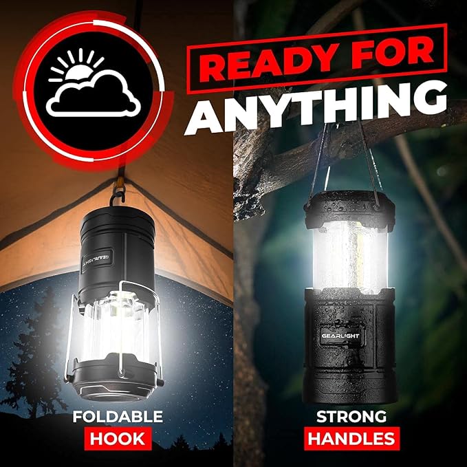 GearLight Camping Lantern - 2 Portable LED Battery Powered Lantern with Magnetic Base and Foldable Hook for Emergency Use or Campsites, Essential Hurricane Survival Kit with Batteries - Black