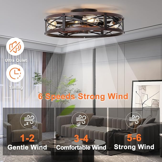 SHLUCE 22" Fandelier Caged Ceiling Fan with Light, Rustic Low Profile Bladeless Ceiling Fans with Lights and Remote, Farmhouse Flush Mount Ceiling Fan with Light for Kitchen, Bedroom, Brown - ETL