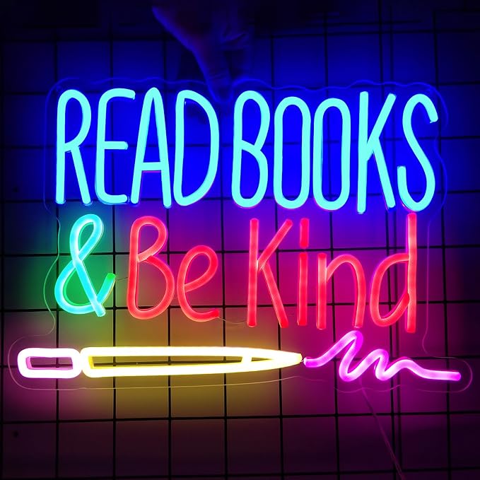 Read Books and Be Kind Neon Sign, Dimmable Classroom Neon Sign Lights, LED Read Books Light up Sign for Library Decor, USB Pencil Neon Light for Kids Teachers Students, Classroom Lights (16.2"×11")