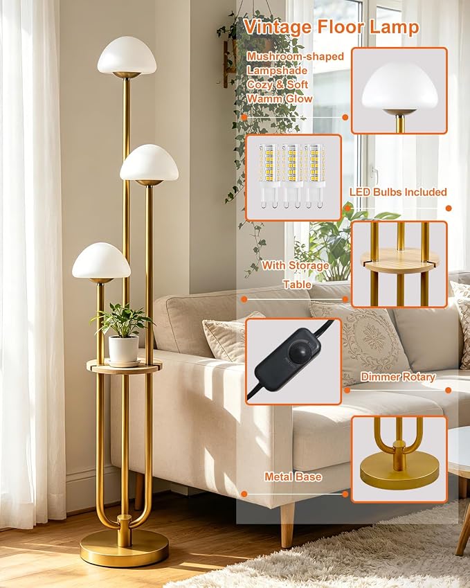 Gold Dimmable Floor Lamp with Table Modern Floor Lamps with 5Lbs Heavy Base for Living Room 3000K Tall Standing Lamp with Mushroom Shades & Bulbs Included for Bedroom/Office//Sofa Beside/Corner Decor