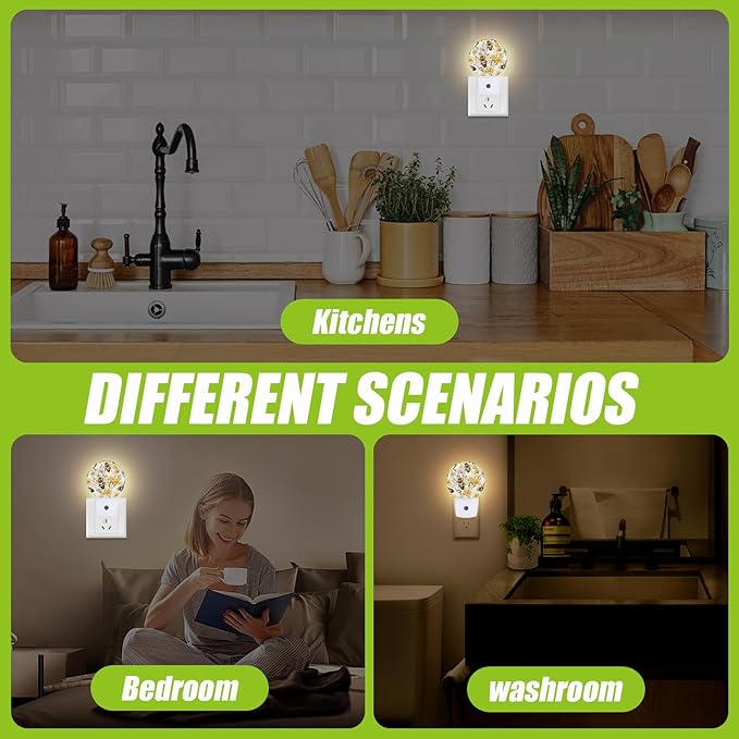 Cute Bee Night Light,Watercolor Floral Night Lights Plug into Wall for Kitchens Toilets Bedroom Decorative Half Round Nightlight Led Lamp 0.5W Sleep Friendly