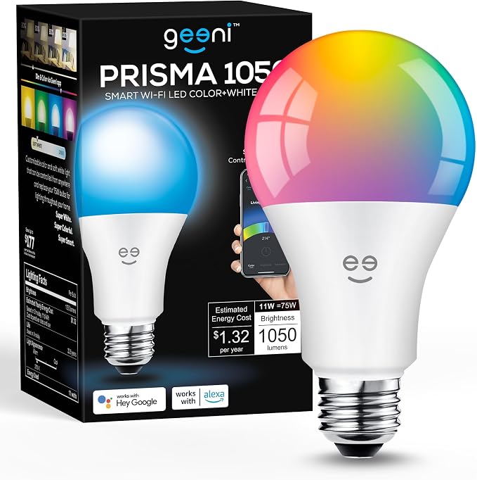 Geeni Prisma 1050 WiFi LED Light Bulb, Multicolor (2700K): Dimmable LED Bulbs, A21, 75-Watt Equivalent: No Hub Required: Compatible with Alexa, Google Assistant