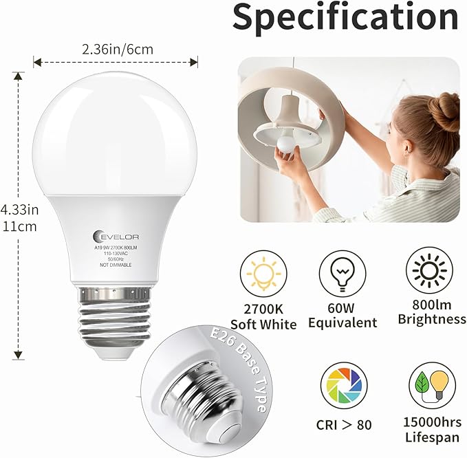 A19 LED Light Bulbs,60 Watt Equivalent Soft White 2700K with E26 Base,Efficient 9W,800 Lumens Non-Dimmable Warm White LED Bulbs,15000 Hours, Ideal for Bedroom Living Room, 12-Packs