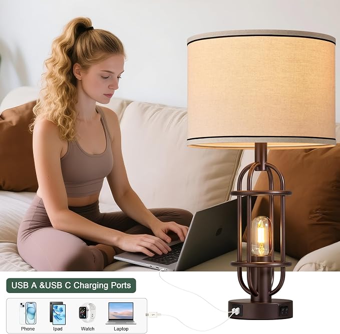 Reaketon Living Room Lamps Set of 2, 22.3" Farmhouse Table Lamp for Bedroom, Vintage Lamps for Night Stands with USB Ports, Oil Rubbed Bronze