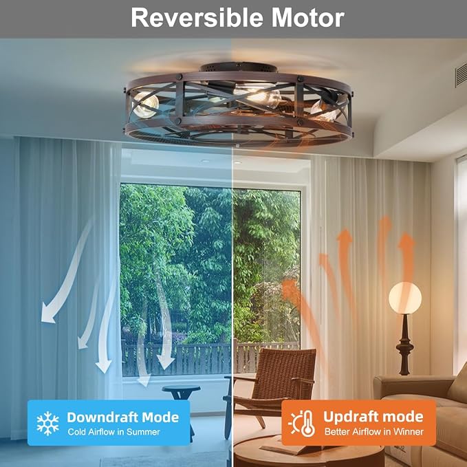 SHLUCE 22" Fandelier Caged Ceiling Fan with Light, Rustic Low Profile Bladeless Ceiling Fans with Lights and Remote, Farmhouse Flush Mount Ceiling Fan with Light for Kitchen, Bedroom, Brown - ETL