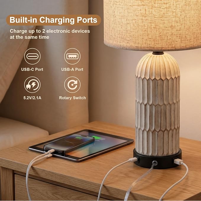 22.5" Bedside Table Lamps Set of 2, Farmhouse Table Lamp with USB A+C Charging Ports,Vintage Nightstand Lamp for Bedrooms and Living Rooms, Retro Resin End Table Lamp with Linen Shade, Black