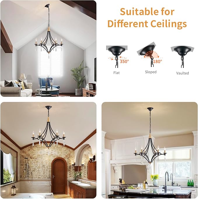Modern Crystal Chandelier, 6-Lights Black and Gold Farmhouse Chandeliers for Dining Room Light Fixtures Hanging, Modern Black Pendant Light for Bedroom Foyer Living Room Kitchen Island Entryway Office