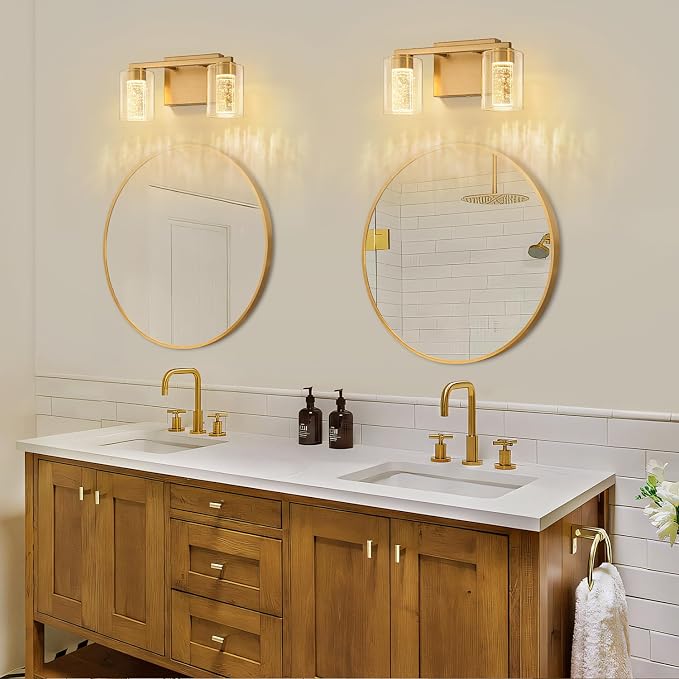 SineRise 2-Light Gold Vanity Light with 3 Color Modes (3000K/4000K/6000K), Eye Protection LED Bathroom Light Fixture, Dimmable Modern Wall Light Over Mirror with Clear Glass Shade