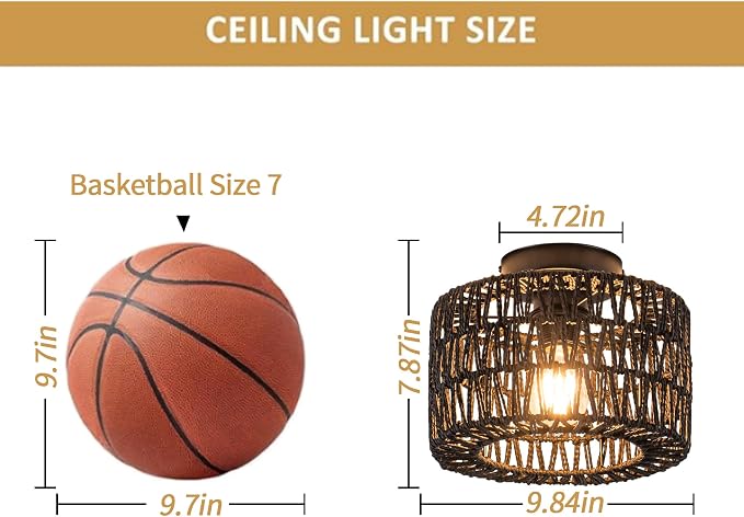 Rattan Ceiling Light, Black Flush Mount Ceiling Light, Boho Light Fixture for Bedroom Kitchen Hallway Entryway, 1 Light