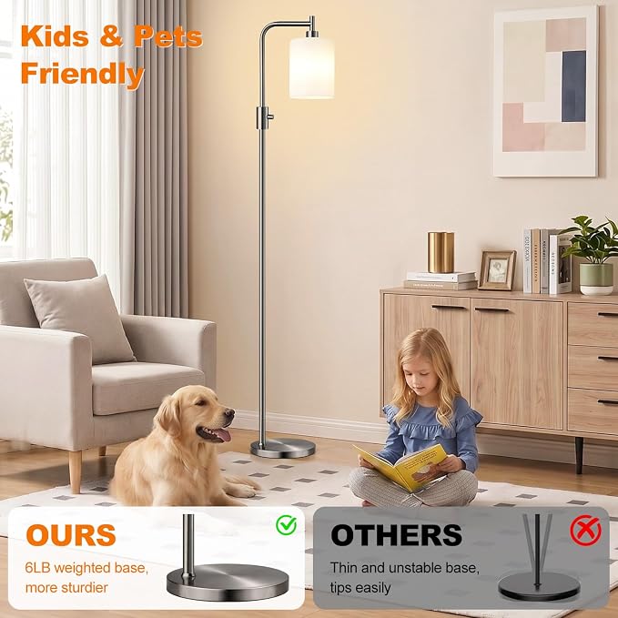 【Upgraded】 Dimmable Floor Lamp for Living Room with Opal Glass Lampshade, Brushed Nickel Modern Floor Lamp with 900LM LED Bulb Included, Standing Tall Lamp for Bedroom, Office, Reading Room, Corner