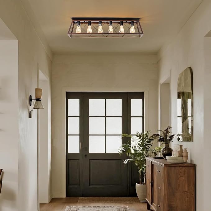 38" Large Brushed Bronze Flush Mount Ceiling Light for Kitchen | Vintage Industrial Kitchen Ceiling Light Fixtures with X-Shaped Metal Cage, 6-Light Farmhouse Large Flush Ceiling Lighting